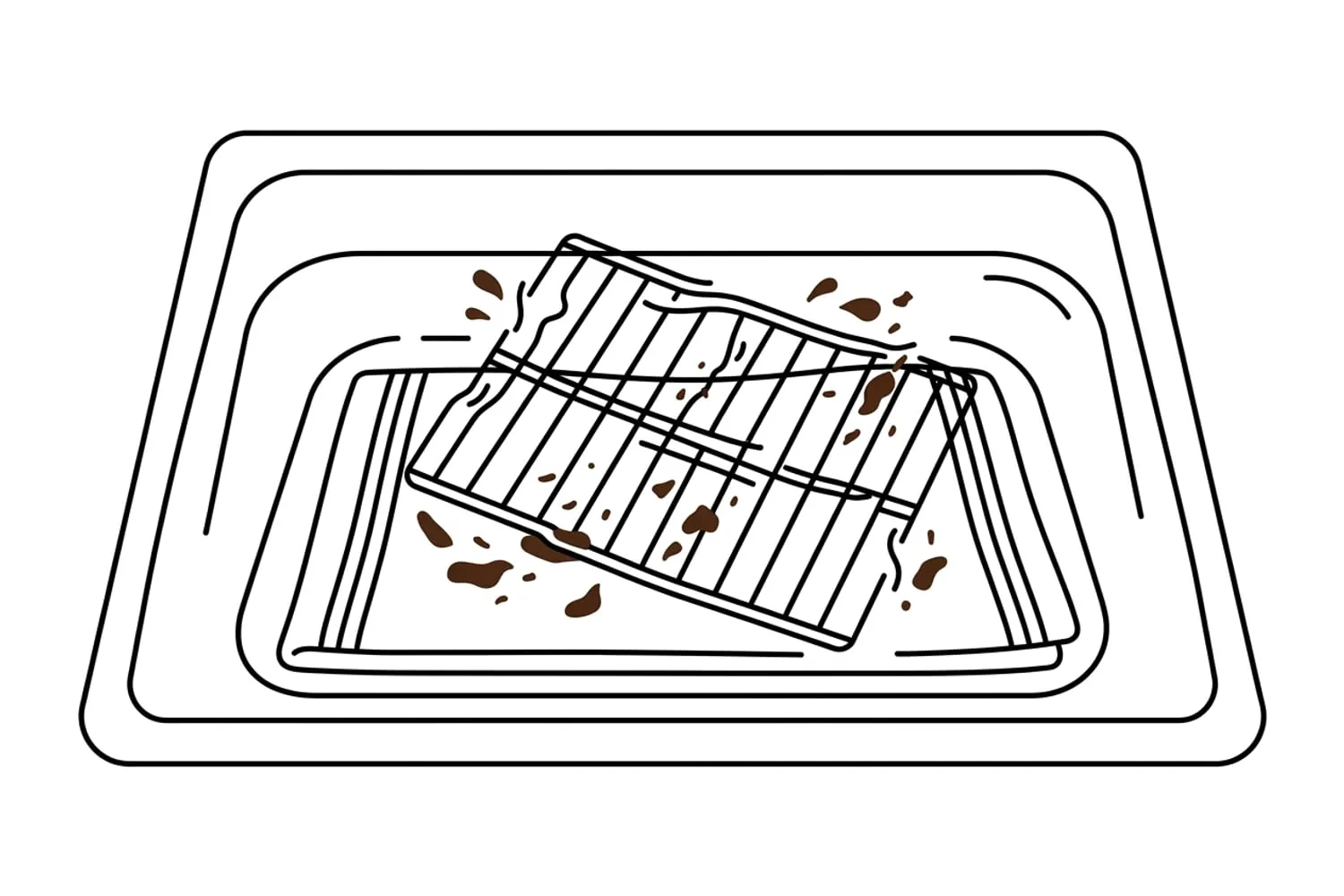 Oven racks soaking in a bath of water lined with a folded towel, flecks of coffee-brown grease lifting off the bars
