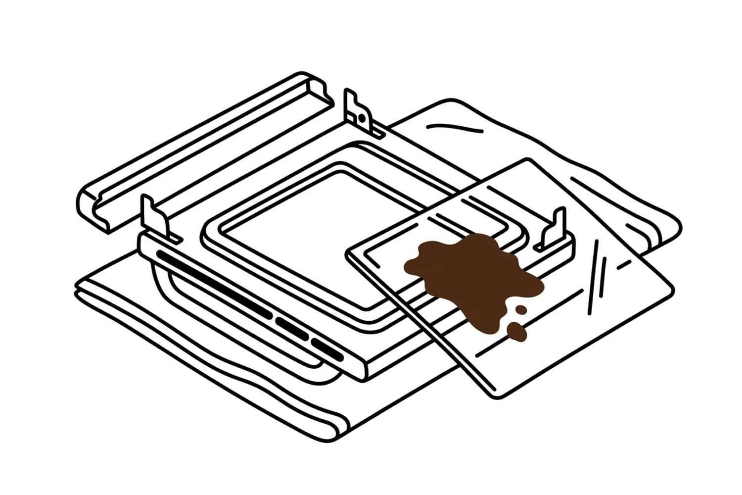 An oven door lying face down on a folded towel with its top trim off, the inner glass pane lifted out and resting beside it