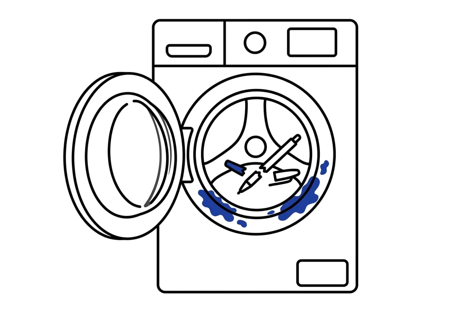 An open front-loading washing machine with a burst ballpoint pen lying in the drum and blue ink marks along the folds of the rubber door seal