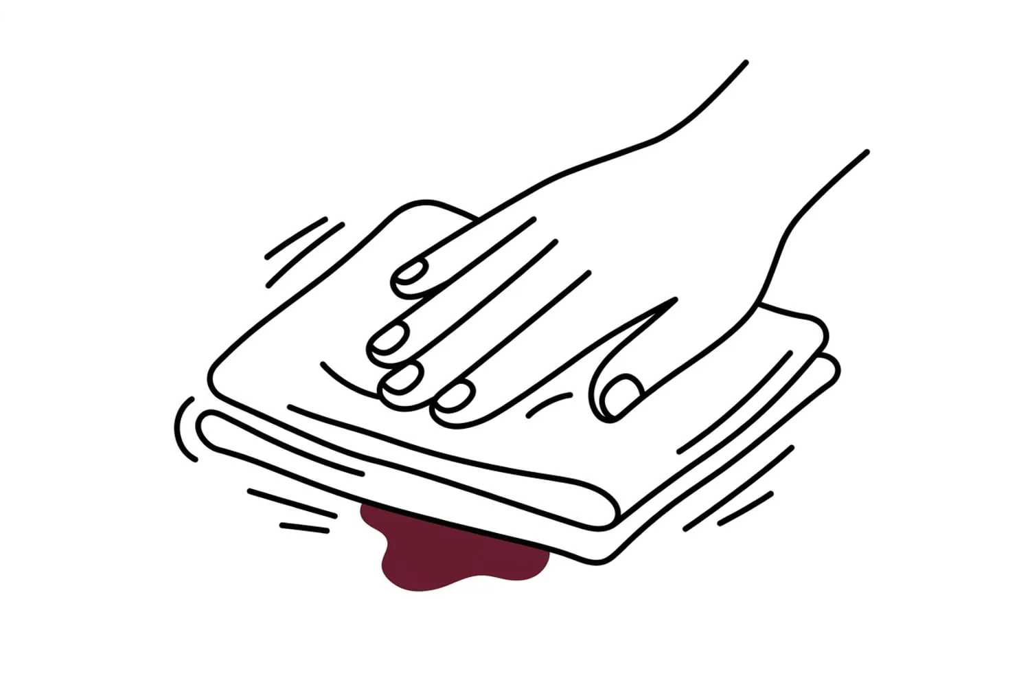 A hand pressing a folded white cotton cloth onto a small dark red-brown spot on a cream carpet, blotting from the edge of the mark inwards