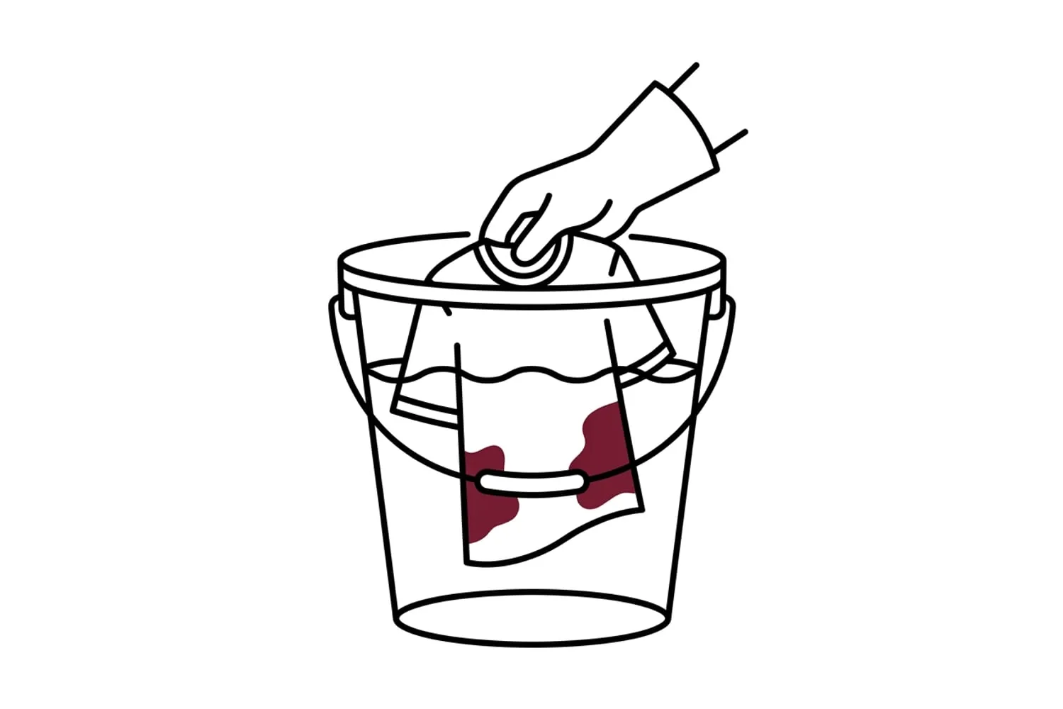 A white T-shirt with faint red patches held under the water in a plastic bucket by a hand in a rubber glove