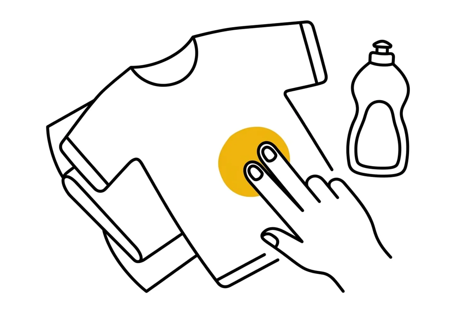 Fingertips working washing-up liquid into a round amber oil spot on a T-shirt laid flat on a folded pad of kitchen roll, a squeezy bottle beside it