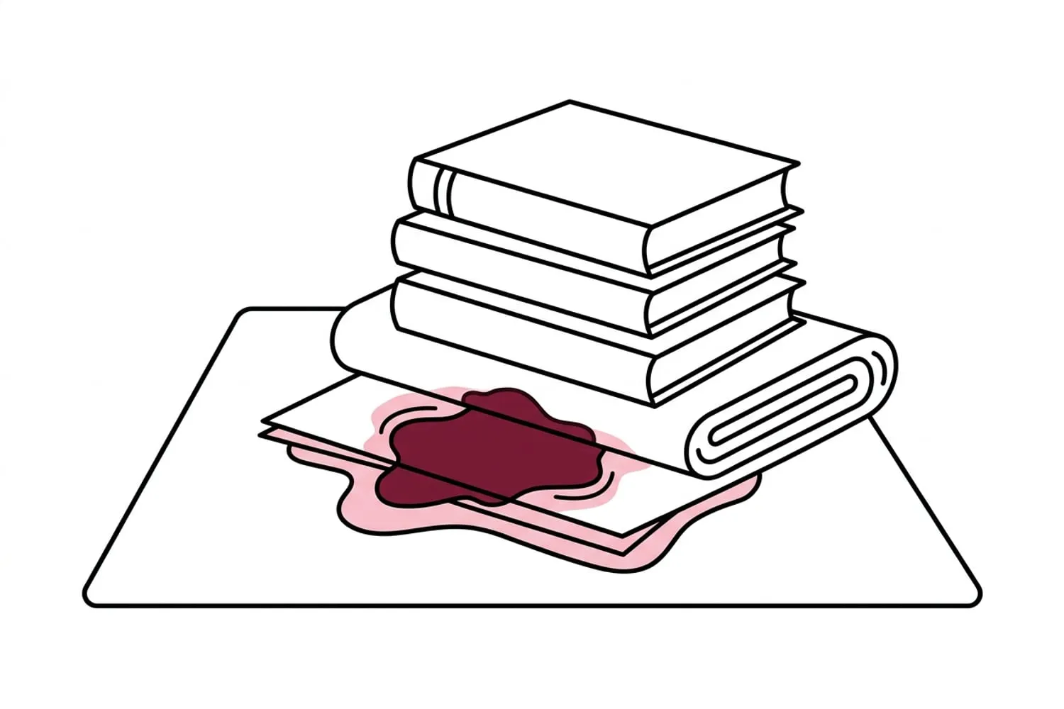 A thick pad of folded kitchen roll on a damp patch of pale carpet, weighed down by a stack of hardback books, a pink tinge showing through the paper