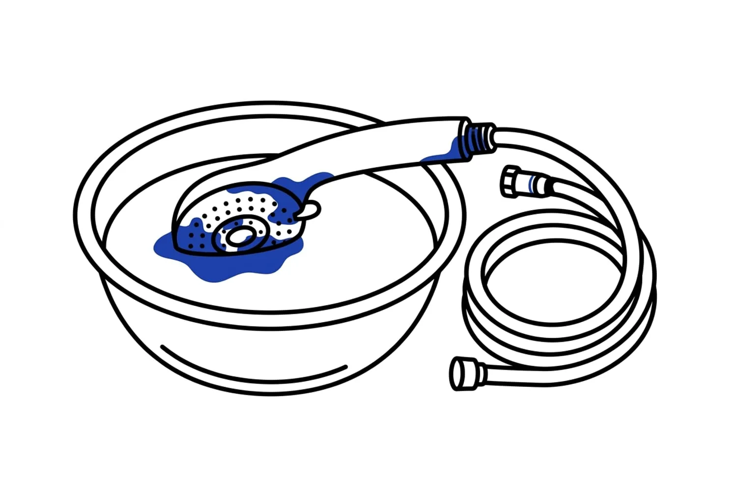 A shower head lying face down in a shallow bowl of descaling solution, its hose unscrewed and coiled beside the bowl